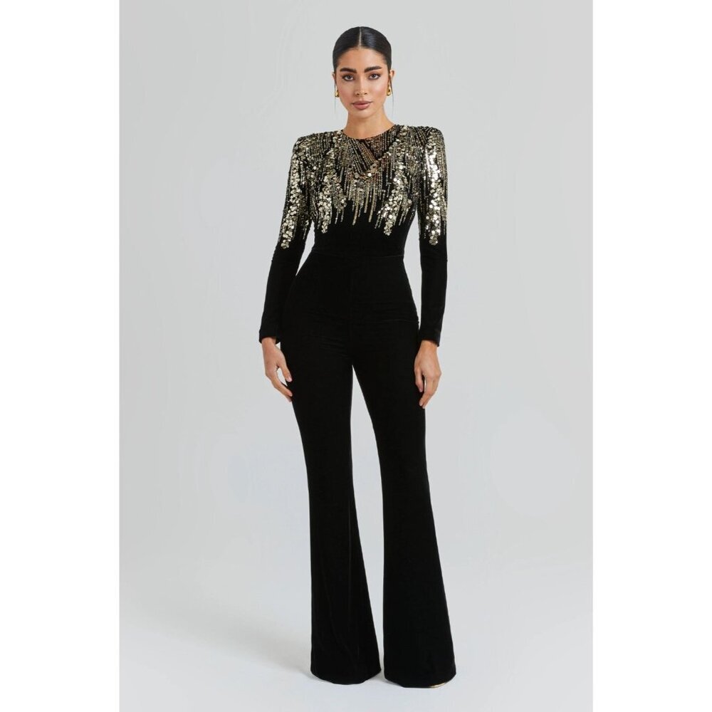 Nadine Merabi Katarina Black Gold Sequin Jumpsuit XL NWT $545